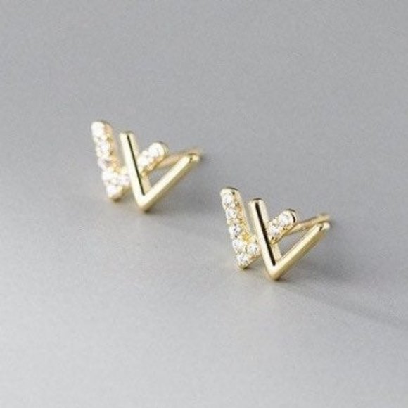 S925 W Shape Studs Earrings w/ Tiny CZ-Gold ECZ013 - Picture 3 of 10